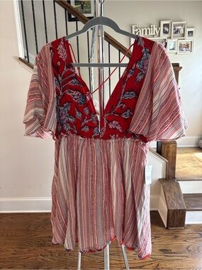 Free People Red Floral & Striped V-Neck Mini Dress
